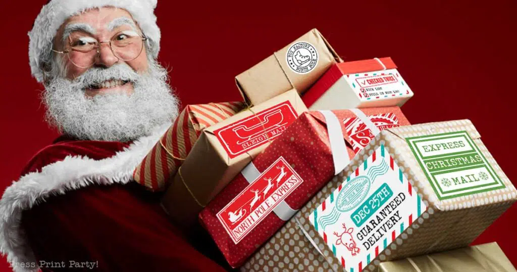 Santa with packages. 4 easy ways to Embellish Your Packages From Santa to make them special Press Print Party.