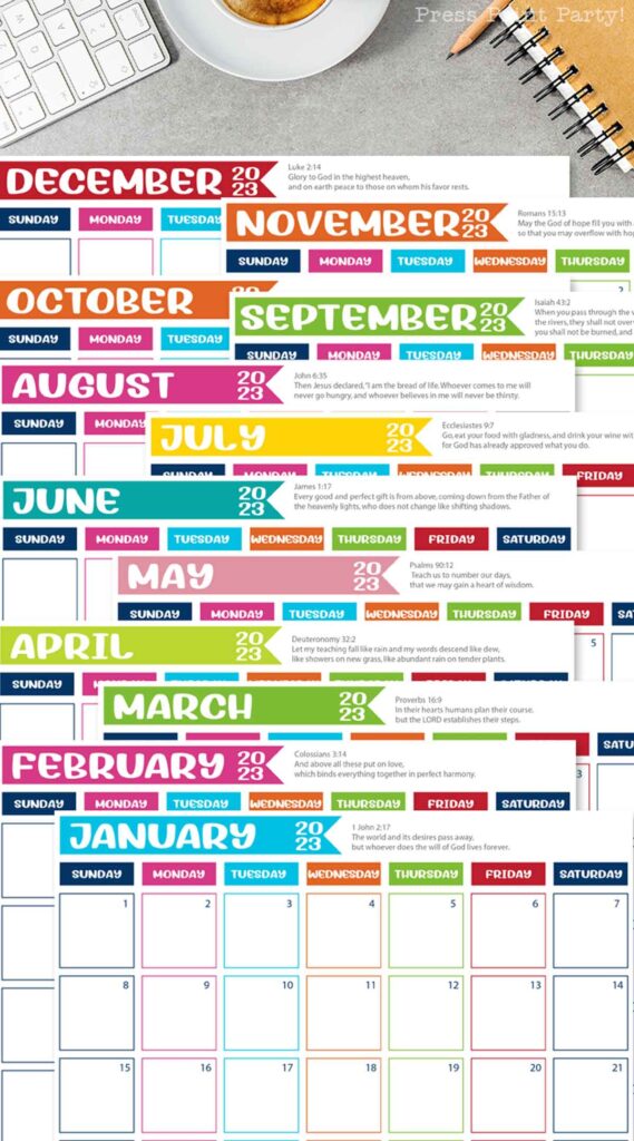 free 2023 printable monthly calendars for bullet journals and household binders. Press print party