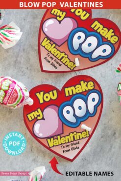 Blow Pop Valentine Printable Heart Template, Kids Valentines Cards, EDITABLE, You Make my Heart Pop , Classroom Valentines, INSTANT DOWNLOAD Press Print Party