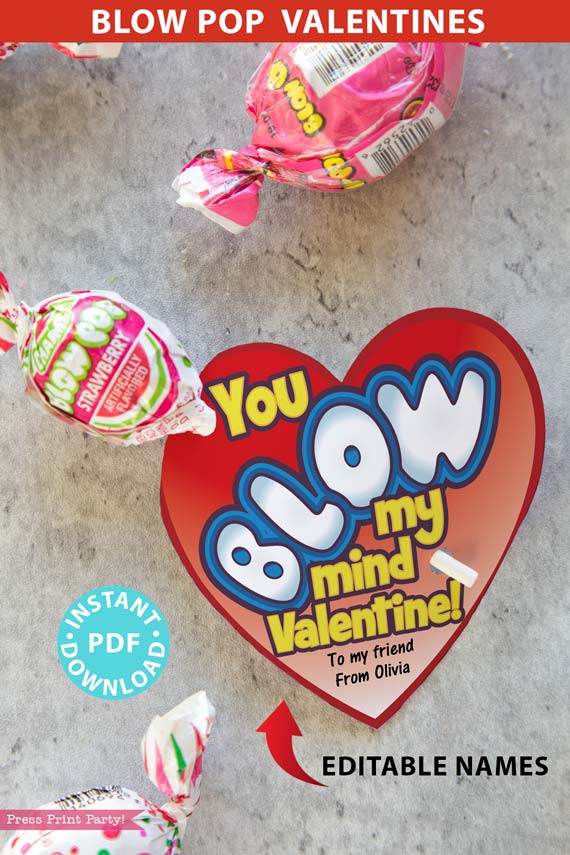 Blow Pop Valentine Printable Heart Template, Kids Valentines Cards, EDITABLE, You Blow my Mind , Classroom Valentines, INSTANT DOWNLOAD Press Print Party