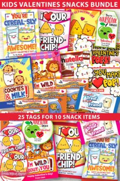 CLASSROOM Valentines Tags Bundle Food Valentines Kids Printable Valentine Cards Personalized Teacher Valentines Snacks School Valentine Tags - Press Print Party!