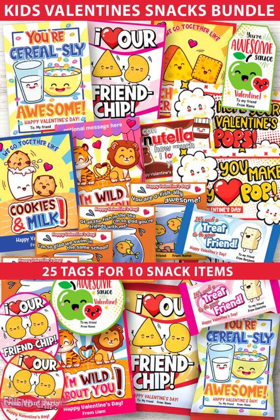 CLASSROOM Valentines Tags Bundle Food Valentines Kids Printable Valentine Cards Personalized Teacher Valentines Snacks School Valentine Tags - Press Print Party!