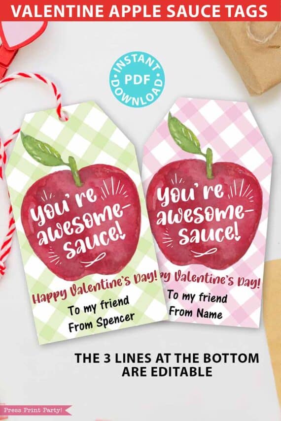Applesauce Valentine Tag for Kids Printable, For Apple Sauce Pouch, You're Awesomesauce, Classroom Valentines, Editable, INSTANT DOWNLOAD by Press Print Party
