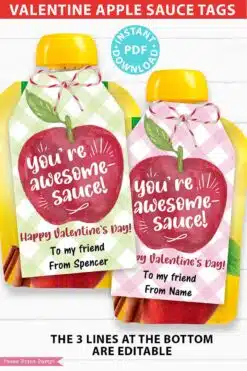 Applesauce Valentine Tag for Kids Printable, For Apple Sauce Pouch, You're Awesomesauce, Classroom Valentines, Editable, INSTANT DOWNLOAD by Press Print Party