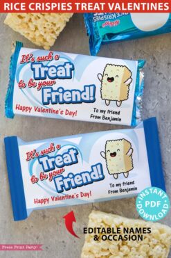 Rice Crispies Valentines Printable, blue, Rice Krispies Treats Personalized Wrapper Template, EDITABLE names, School Classroom, INSTANT DOWNLOAD Press Print Party