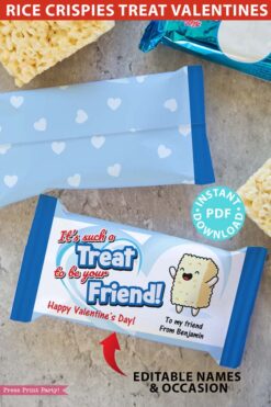 Rice Crispies Valentines Printable, blue, Rice Krispies Treats Personalized Wrapper Template, EDITABLE names, School Classroom, INSTANT DOWNLOAD Press Print Party