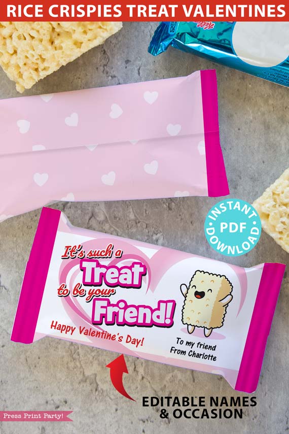 [block id="how-it-works"] Rice Crispies Valentines Printable, Pink for girls, Rice Krispies Treats Personalized Wrapper Template, EDITABLE names, School Classroom, INSTANT DOWNLOAD - Rice Krispies Valentine Press print Party