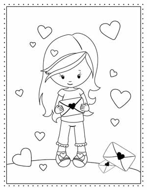 Free Valentine's Day Coloring Pages printable - Press Print Party - girl with heart envelope