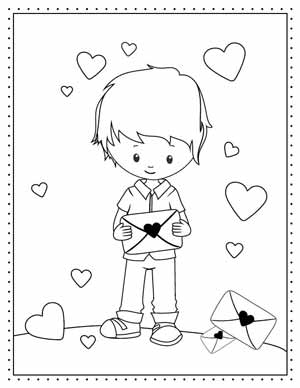 Free Valentine's Day Coloring Pages printable - Press Print Party - boy with heart envelope