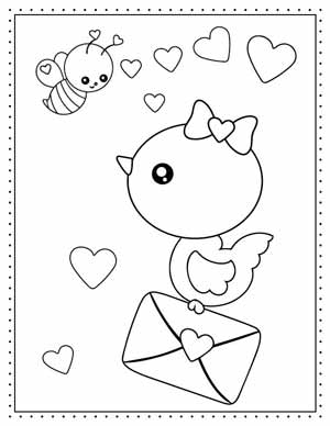 Free Valentine's Day Coloring Pages printable - Press Print Party - bird with heart envelope and bee