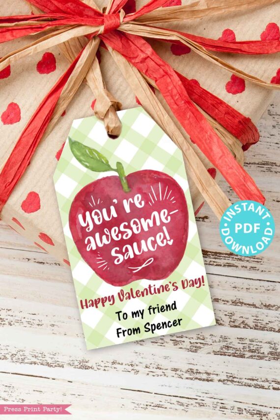 Kids Valentines Gift Tags for Applesauce Pouch, You're Awesome Sauce Classroom Valentines, 3 lines of EDITABLE text, INSTANT DOWNLOAD