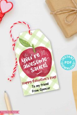 Kids Valentines Gift Tags for Applesauce Pouch, You're Awesomesauce Classroom Valentines, 3 lines of EDITABLE text, INSTANT DOWNLOAD