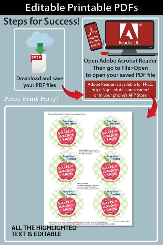 Kids Valentines Printables for Applesauce Cup Tops, You're Awesomesauce Classroom Valentines Stickers, EDITABLE Names, INSTANT DOWNLOAD Press Print Party