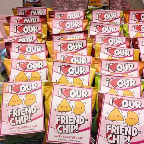 A display of vibrant bags showcases a cartoon chip and cheese with "I ♥ OUR FRIEND-CHIP! HAPPY VALENTINE'S DAY!" printed on the Kids Valentine Chip Bag Tag Pink, offering a playful snack-themed gift.