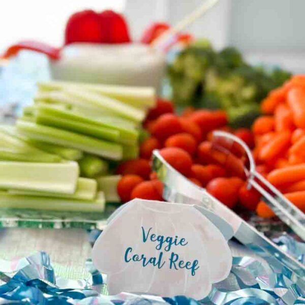 A vibrant vegetable platter called "Veggie Coral Reef" includes celery, cherry tomatoes, baby carrots, and broccoli with a clam-shaped bowl of dip. Decorated in blue and silver, its appeal rivals opening a Kids Valentine Chip Bag Tag Pink that reads "I ❤ Our Friend-chip.