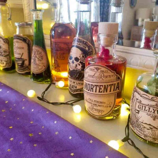 Decorative potion-like bottles with vintage labels, including "Mortentia," sit on a shelf adorned with string lights. A purple cloth with gold stars and a playful "I ❤ Our Friend-chip" pink Kids Valentine Chip Bag Tag peeks out from the enchanting setup in the foreground.