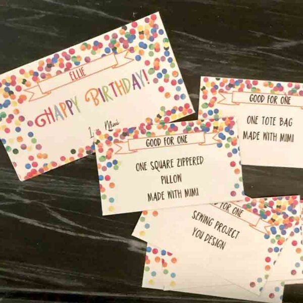 Colorful birthday cards with polka dots, one saying "Happy Birthday!" and others offer gifts like "One Square Zippered Pillow," "One Tote Bag," or a creative "Sewing Project" with Mimi. Imagine them next to a Kids Valentine Chip Bag Tag Pink, I ❤ Our Friend-chip on a dark surface for a festive touch.