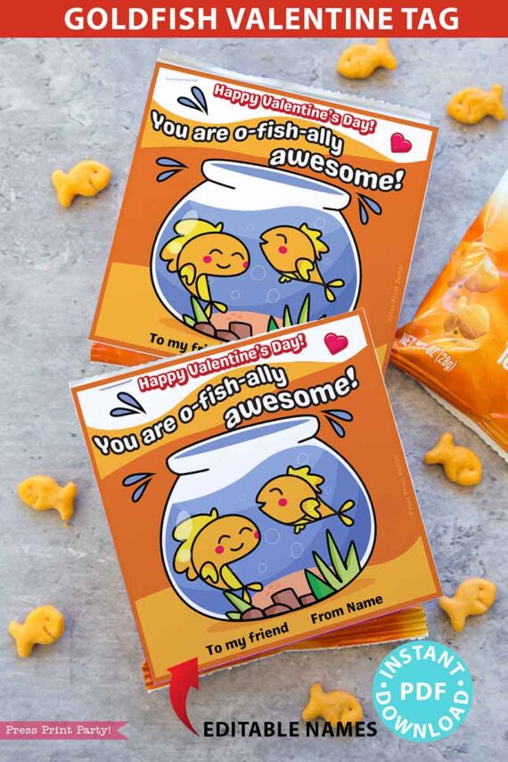 Goldfish Valentine Printable Tag Kids Valentines Cards EDITABLE names You are o-fish-ally awesome! Classroom Valentine for Kids Fishy crackers kids school valentine tag - Press Print Party!