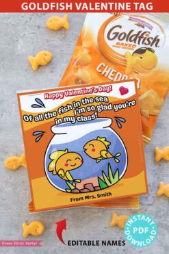 Goldfish Valentine Printable Tag Kids Valentines Cards EDITABLE names Of all the Fish in the Sea I'm so glad you're in my class Classroom Valentine for Kids Fishy Crackers Press Print Party!