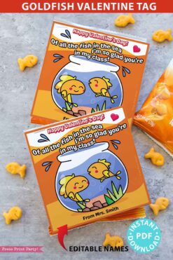 Goldfish Valentine Printable Tag Kids Valentines Cards EDITABLE names Of all the Fish in the Sea I'm so glad you're in my class Classroom Valentine for Kids Fishy Crackers Press Print Party!