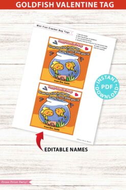Goldfish Valentine Printable Tag Kids Valentines Cards EDITABLE names Of all the Fish in the Sea I'm so glad you're in my class Classroom Valentine for Kids Fishy Crackers Press Print Party!