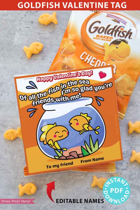 Goldfish Valentine Printable Tag Kids Classroom Valentine Card EDITABLE names Of all the fish in the sea I'm so glad you're friends with me - classroom valentine for school kids - Press Print Party!