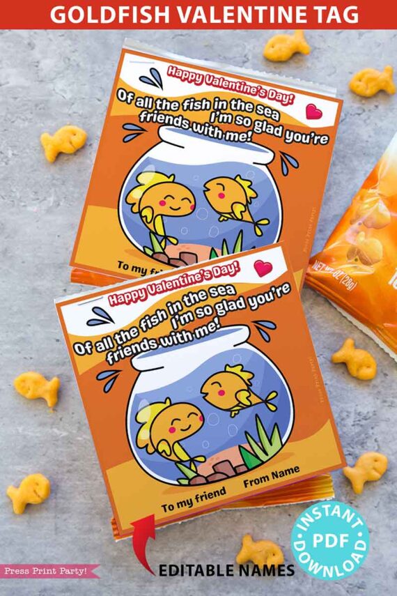 Goldfish Valentine Printable Tag Kids Classroom Valentine Card EDITABLE names Of all the fish in the sea I'm so glad you're friends with me - classroom valentine for school kids - Press Print Party!