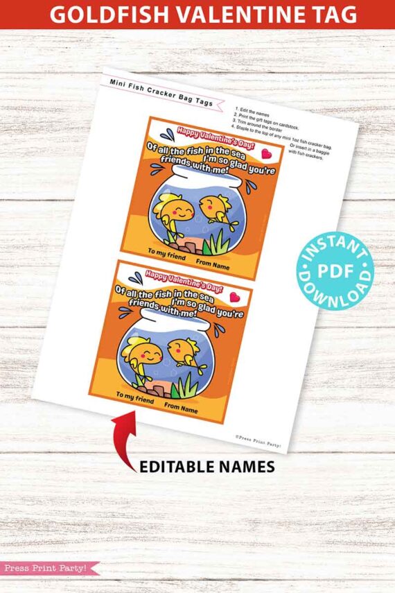 Goldfish Valentine Printable Tag Kids Classroom Valentine Card EDITABLE names Of all the fish in the sea I'm so glad you're friends with me - classroom valentine for school kids - Press Print Party!