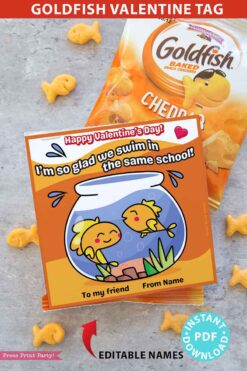 Goldfish Valentine Printable Tag, Kids Valentines Cards, EDITABLE names, I'm so Glad we Swim in the Same School, Classroom, INSTANT DOWNLOAD Press print Party