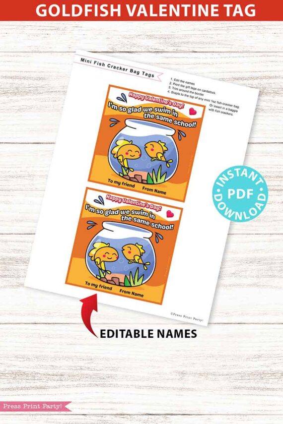 Goldfish Valentine Printable Tag, Kids Valentines Cards, EDITABLE names, I'm so Glad we Swim in the Same School, Classroom, INSTANT DOWNLOAD Press print Party