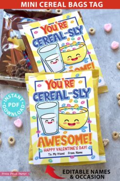 Valentine Tag Cereal Bags/ Boxes, Kids Valentines Cards Printable, EDITABLE names, You're Cereal-sly Awesome, School Classroom, INSTANT DOWNLOAD Press Print Party!