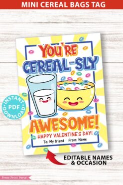 Valentine Tag Cereal Bags/ Boxes, Kids Valentines Cards Printable, EDITABLE names, You're Cereal-sly Awesome, School Classroom, INSTANT DOWNLOAD Press Print Party!