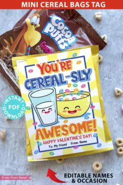 Valentine Tag Cereal Bags/ Boxes, Kids Valentines Cards Printable, EDITABLE names, You're Cereal-sly Awesome, School Classroom, INSTANT DOWNLOAD Press Print Party!