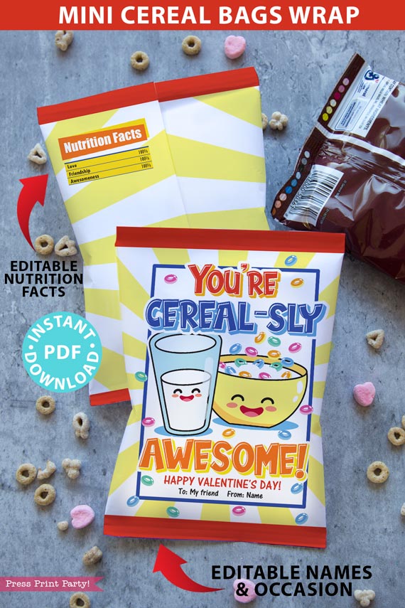 Valentine Cereal Bags Wrap, Kids Valentines Cards Printable, EDITABLE names, You're Cereal-sly Awesome, School Classroom, INSTANT DOWNLOAD Press Print Party!