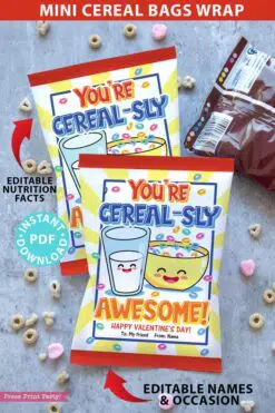 Valentine Cereal Bags Wrap, Kids Valentines Cards Printable, EDITABLE names, You're Cereal-sly Awesome, School Classroom, INSTANT DOWNLOAD Press Print Party!