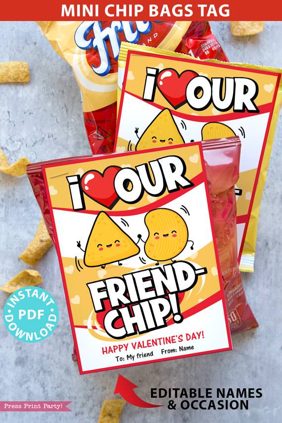 Valentine Chip Bag Tag Printable, Kids Valentines Cards for School Classroom, Personalize Names, I