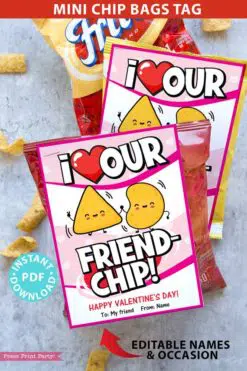 Valentine Chip Bag Tag Printable Pink, Kids Valentines Cards for School Classroom, Personalize Names, I