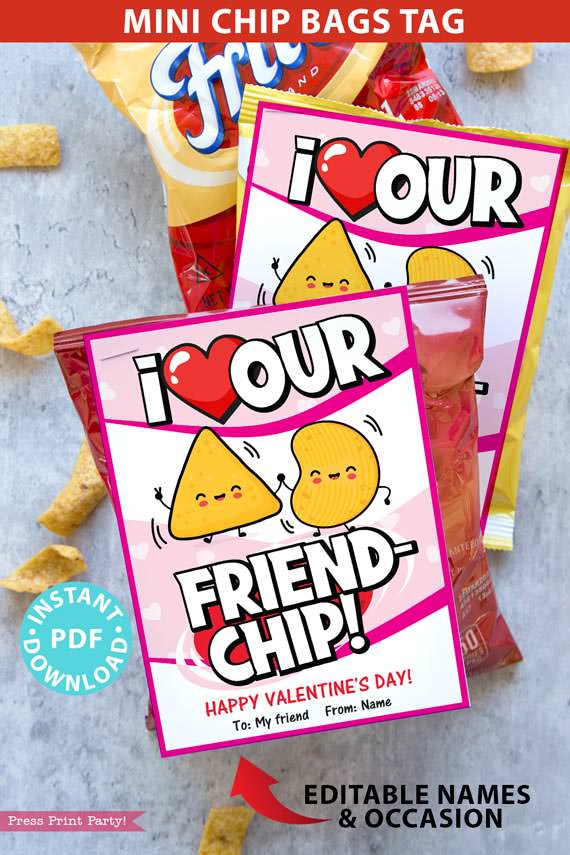 Kids Valentine Chip Bag Tag Pink, I Our Friendchip