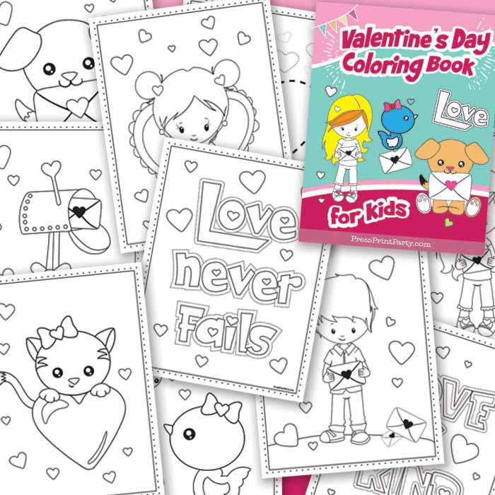 10 FREE Printable Valentine's Day Coloring Pages Perfect for Kids- girl with heart envelope - puppy - bird - valentine mailbox - love is kind coloring book Press print Paty