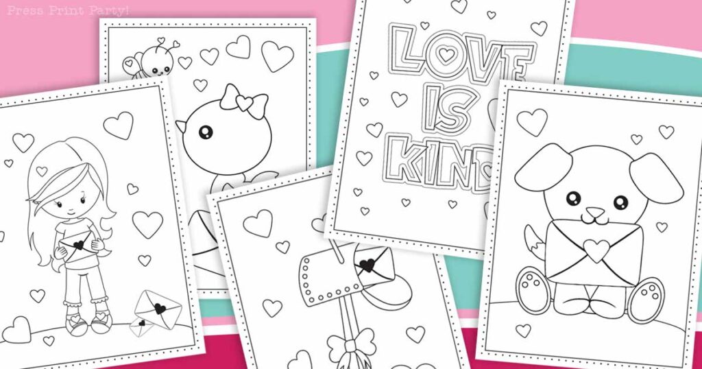 10 FREE Printable Valentine's Day Coloring Pages Perfect for Kids- girl with heart envelope - puppy - bird - valentine mailbox - love is kind coloring book Press print Paty