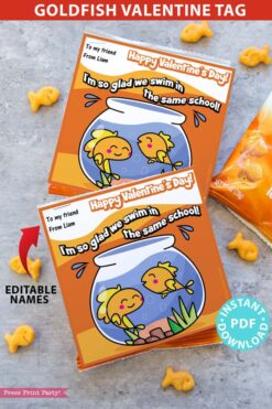 Goldfish Valentine Printable Tag, Kids Valentines Cards, EDITABLE names, I'm so Glad we Swim in the Same School, Classroom, INSTANT DOWNLOAD Press print Party