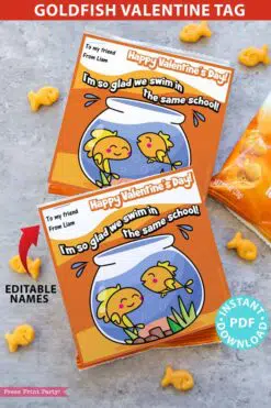 Goldfish Valentine Printable Tag, Kids Valentines Cards, EDITABLE names, I'm so Glad we Swim in the Same School, Classroom, INSTANT DOWNLOAD Press print Party
