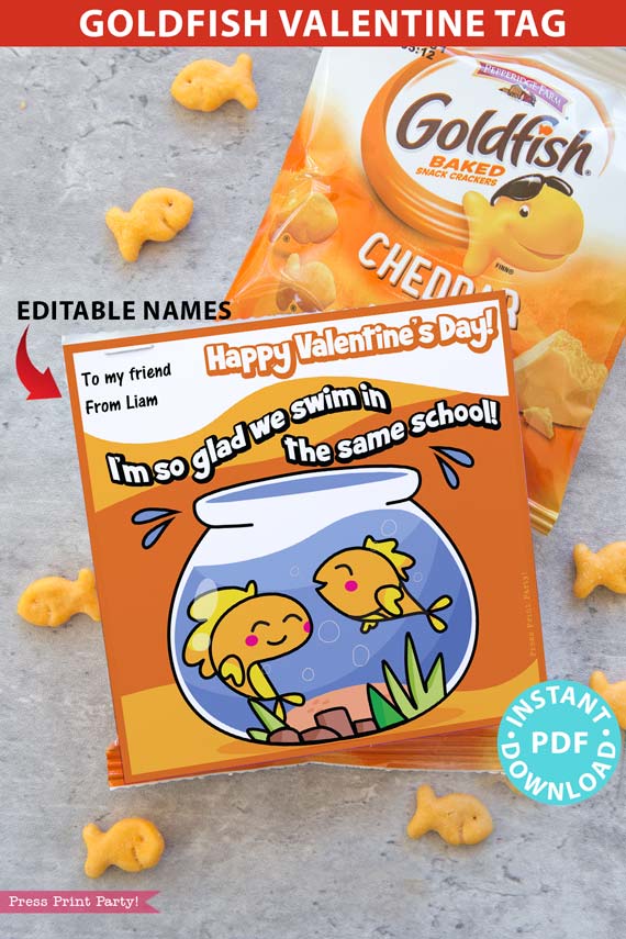 Goldfish Valentine Printable Tag, Kids Valentines Cards, EDITABLE names, I'm so Glad we Swim in the Same School, Classroom, INSTANT DOWNLOAD Press print Party