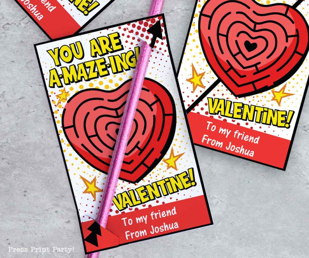 pencil valentines you are amazing with card with a heart maze in red and comic style press Pritn Party