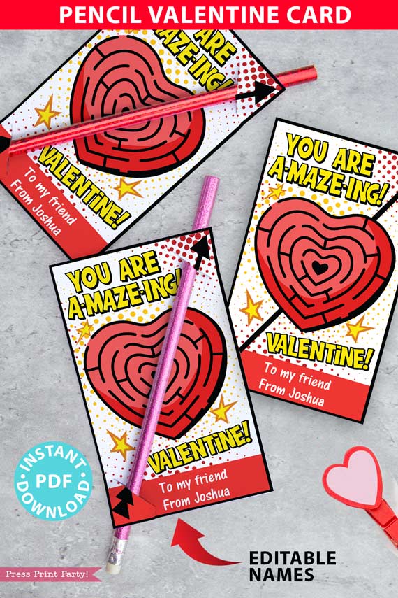 Pencil Valentine Card for Kids Printable, EDITABLE names, You are Amazing Valentine, Heart Maze Comic, School Classroom, INSTANT DOWNLOAD Press print Party