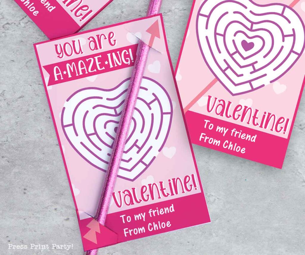 pencil valentines you are amazing with card with a heart maze in red and pink style press Pritn Party