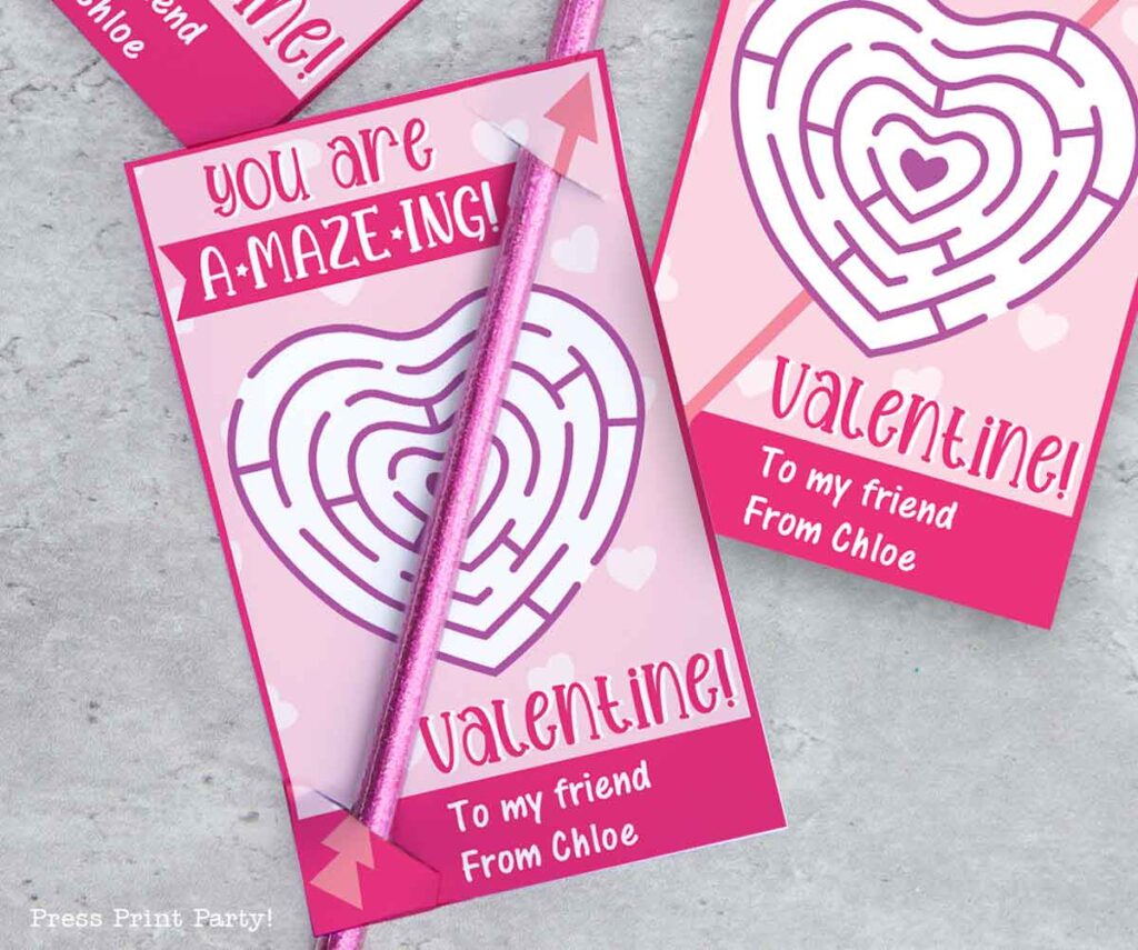 Pencil Valentine Card for Kids, You are A-MAZE-Zing Valentine, Pink