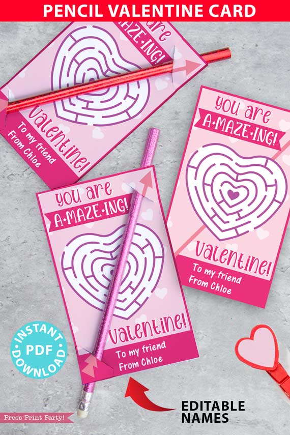 Pencil Valentine Card for Kids Printable, EDITABLE names, You are Amazing Valentine, Heart Maze Pink, School Classroom, INSTANT DOWNLOAD Press Print Party