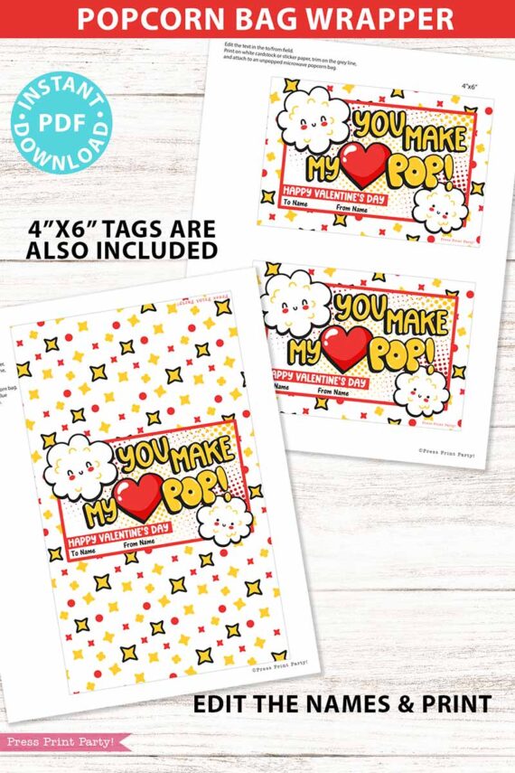 Popcorn Bags Wrap, Kids Valentines Cards Printable, EDITABLE names, You Make My Heart Pop, School Classroom Valentine, INSTANT DOWNLOAD Press Print Party