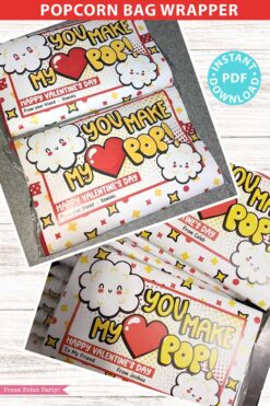 Popcorn Bags Wrap, Kids Valentines Cards Printable, EDITABLE names, You Make My Heart Pop, School Classroom Valentine, INSTANT DOWNLOAD Press Print Party